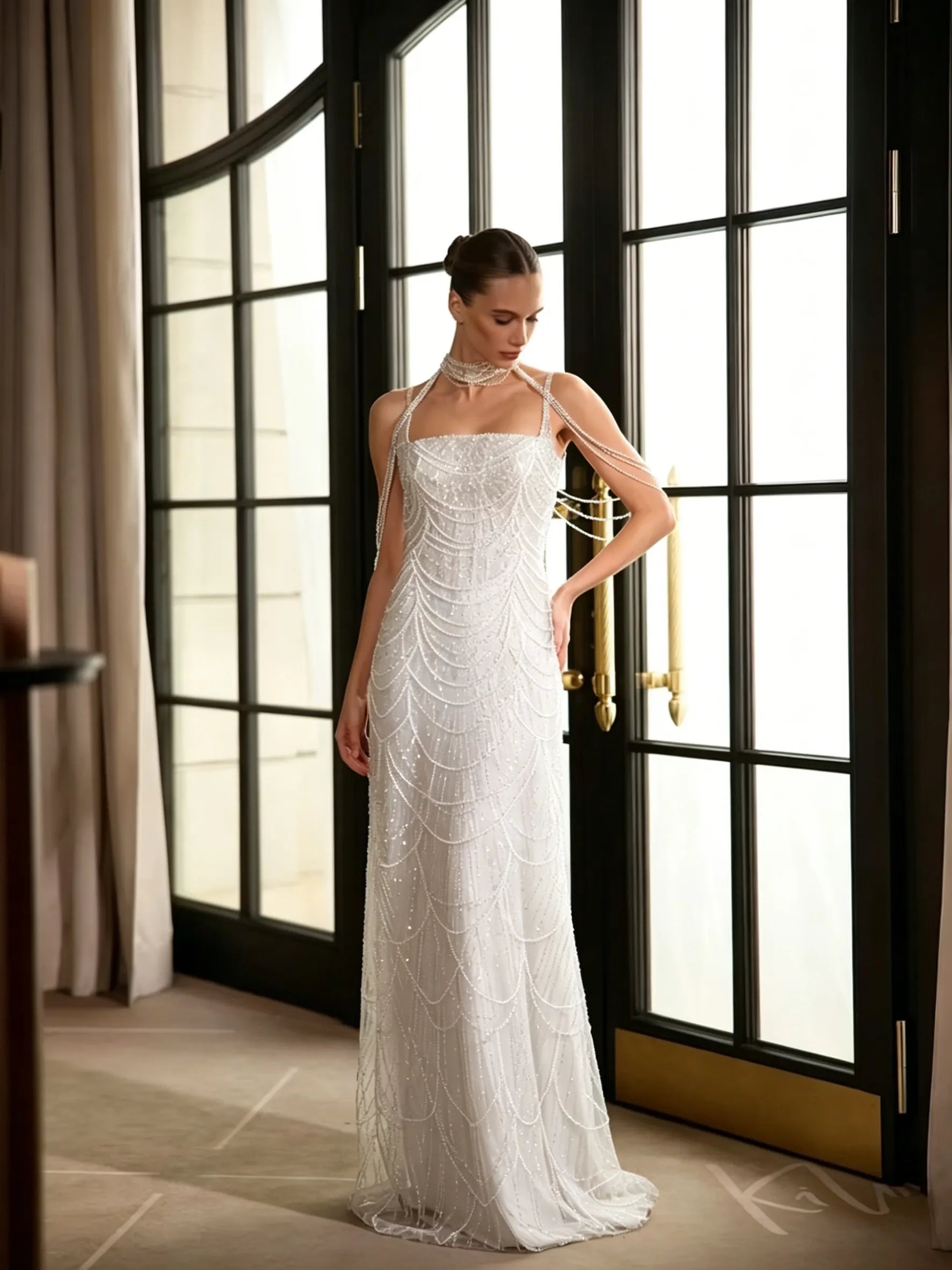 Cocoslly Spaghetti Straps Sleeveless High Waist Long Prom Dress With Rhinstone And Beading Pearls | Nude Sequins LX0091