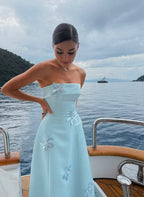 Cocoslly Strapless Sleeveless High Waist Long Prom Dress With Appliques | Mist Blue Satin WQ0251