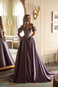 Satin V-Neck Off-The-Shoulder Short Sleeves Long A-Line Prom Dress With Embroidered And Pleated WQ0422