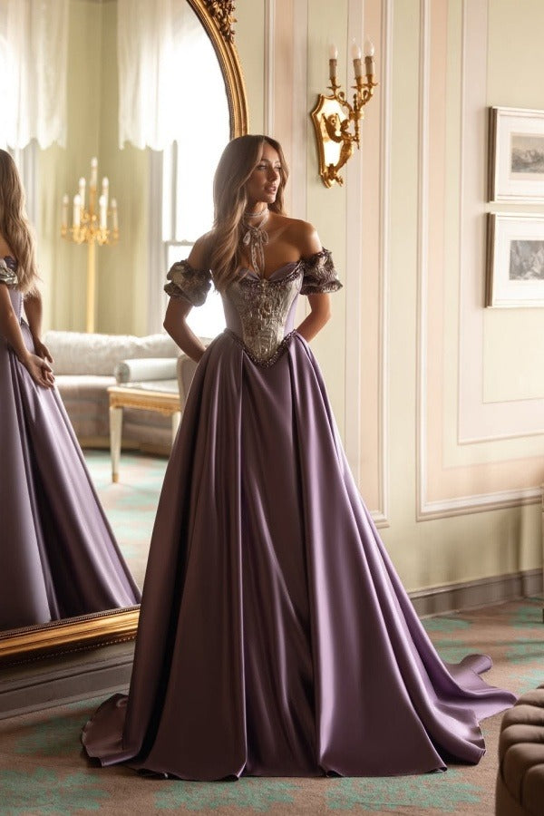 Satin V-Neck Off-The-Shoulder Short Sleeves Long A-Line Prom Dress With Embroidered And Pleated WQ0422
