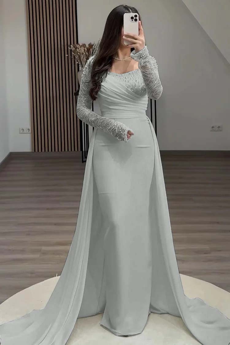 Square Neck Long Sleeves High Waist Long Pleated Mermaid Prom Dress With Beadings And Ruffles YS0057