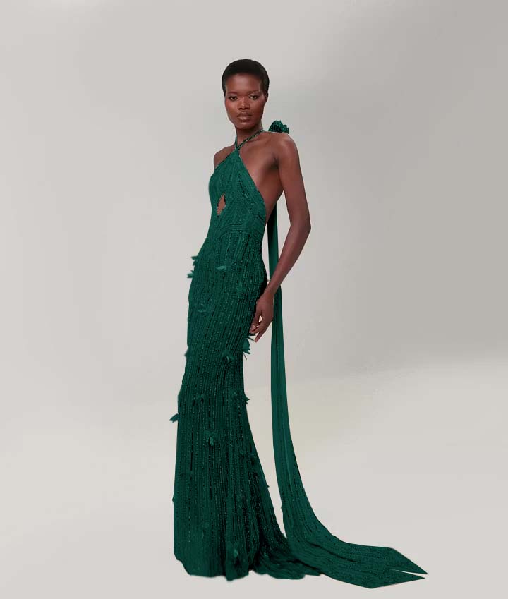 Cocoslly Halter Sleeveless High Waist Long Mermaid Prom Dress With Sequins | Nude Champage Chiffon YK1282