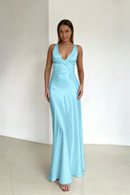 Cocoslly Halter V-Neck Sleeveless High Waist Long Prom Dress | Royal Blue Satin ZT0693