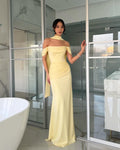 Cocoslly Off-The-Shoulder Sleeveless High Waist Long Mermaid Prom Dress With PLeated And Scarf | Ivory Satin CO0022
