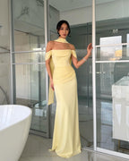 Cocoslly Off-The-Shoulder Sleeveless High Waist Long Mermaid Prom Dress With PLeated And Scarf | Ivory Satin CO0022