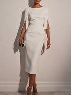 Light Blue Faux Pearl Classic Crew Neck Half Sleeve Sheath Midi Dress