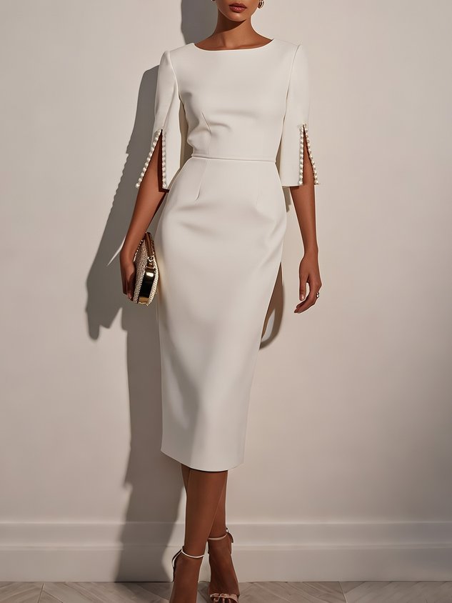 White Faux Pearl Classic Crew Neck Half Sleeve Sheath Midi Dress