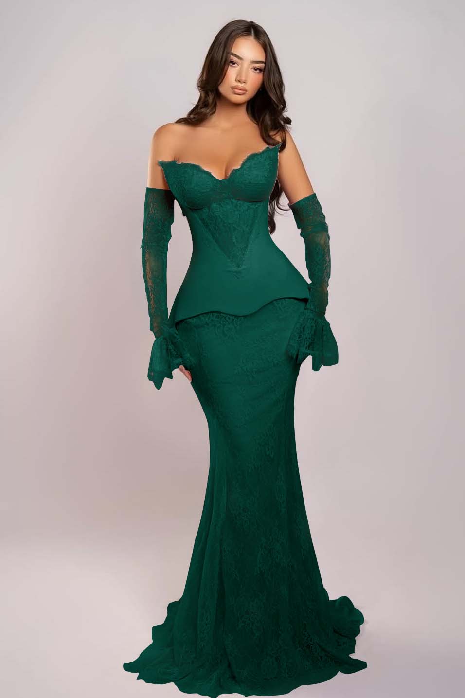 Cocoslly Strapless Sleeveless Long Mermaid Prom Dress With Embroidered And Gloves | Pink Satin And Lace ZA0398