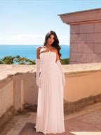 Chiffon Strapless Sleeveless Long Pleated A-Line Prom Dress With Bows And Gloves YK0680