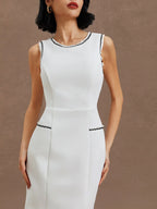 White Lace Cotton Classic Crew Neck Sleeveless Balloon Sleeve Sheath Midi Dress