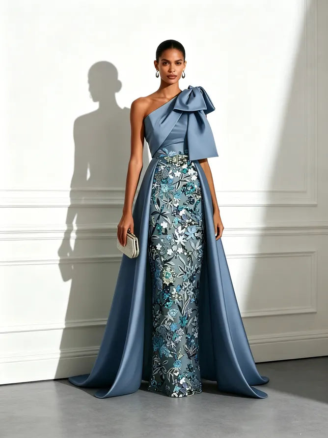 Blue Bow Satin One Shoulder Sleeveless A-Line Gown Dress