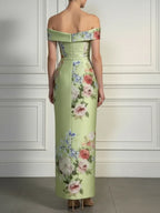 Green Floral Bow Satin Off The Shoulder Short Sleeve Sheath Maxi Dress
