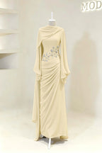 Cocoslly Long Sleeves High Waist Long Prom Dress With Pleated And Beading Pearls | Cabemet Chiffon ZA0710