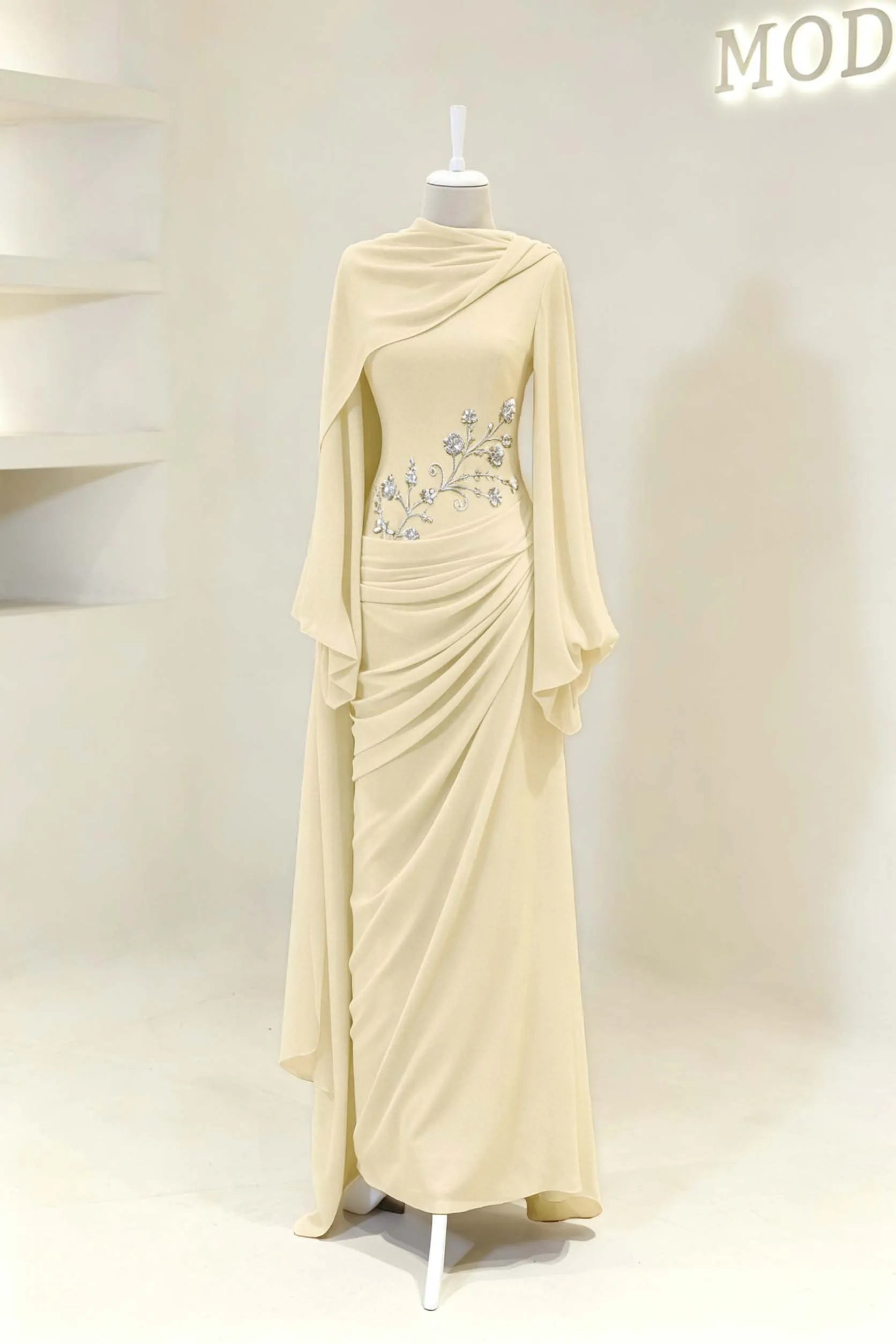 Cocoslly Long Sleeves High Waist Long Prom Dress With Pleated And Beading Pearls | Cabemet Chiffon ZA0710
