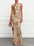 Champagne Jacquard Sequin One Shoulder Sleeveless Mermaid Floor-length Gown Dress