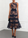 Purplish Blue Lace Jacquard Boat Neck Sleeveless A-Line Midi Dress