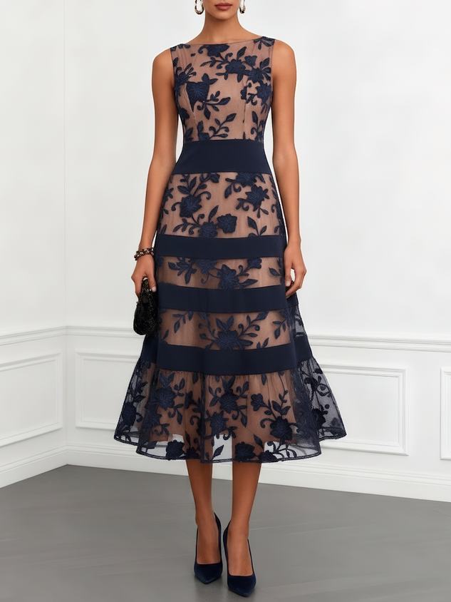 Purplish Blue Lace Jacquard Boat Neck Sleeveless A-Line Midi Dress