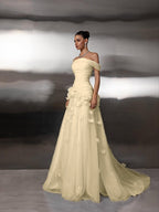 Cocoslly Off-The-Shoulder Strapless Sleeveless Long Pleated A-Line Prom Dress With Flower Appliqués | Light Blue Tulle ZA0285