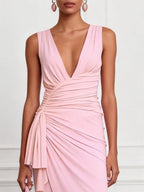 Pink Ruched Peplum Knit Lyocell Deep V Neck Sleeveless Bodycon Midi Dress