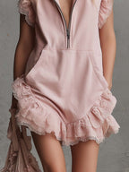 Elegant Retro Sporty V-neck Front Zipper Sleeveless Lace Trim Pink Cotton Mini Dress