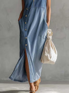 Exquisite Vintage Casual Hooded V-neck Zipper Side Slits Buttons Blue Denim Midi Dress