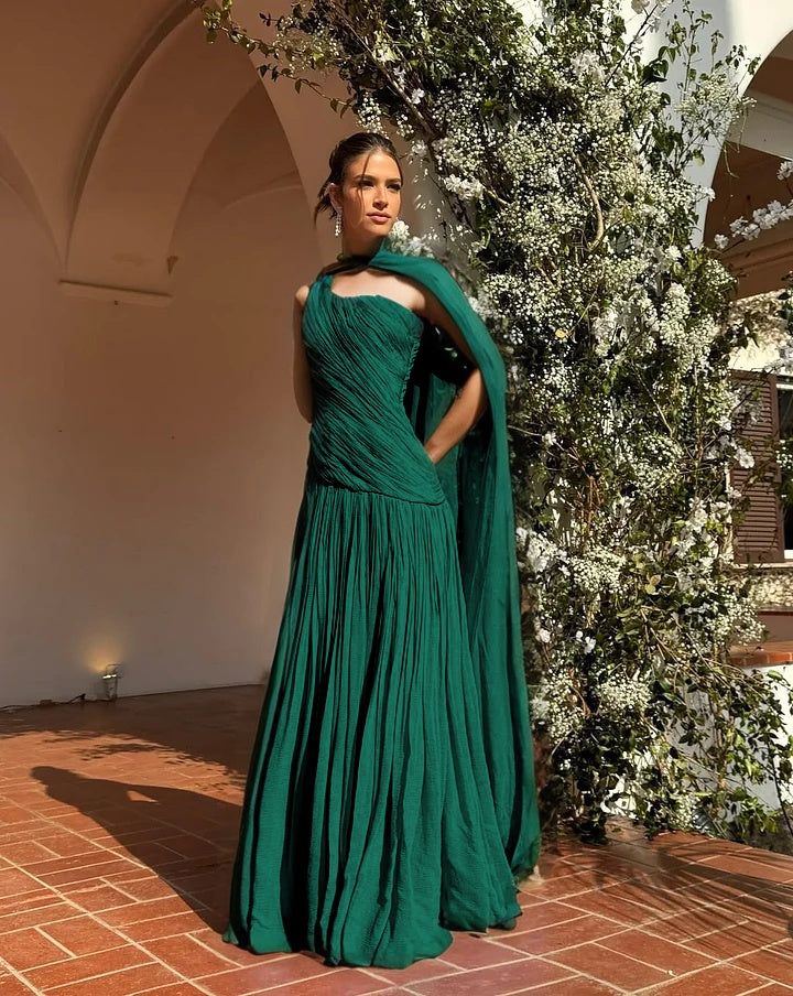 Chic One Shoulder Sleeveless Long Prom Dress With Pleated Shawl WQ0343