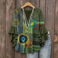 Women's Vintage Patchwork Art Print Flowy Linen Blend Casual V-neck Ruffle Blouse
