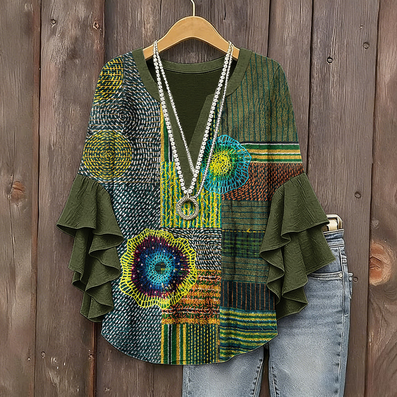 Women's Vintage Patchwork Art Print Flowy Linen Blend Casual V-neck Ruffle Blouse