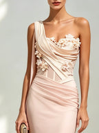 Pink 3D Floral Classic One Shoulder Sleeveless Sheath Floor-length Gown Dress