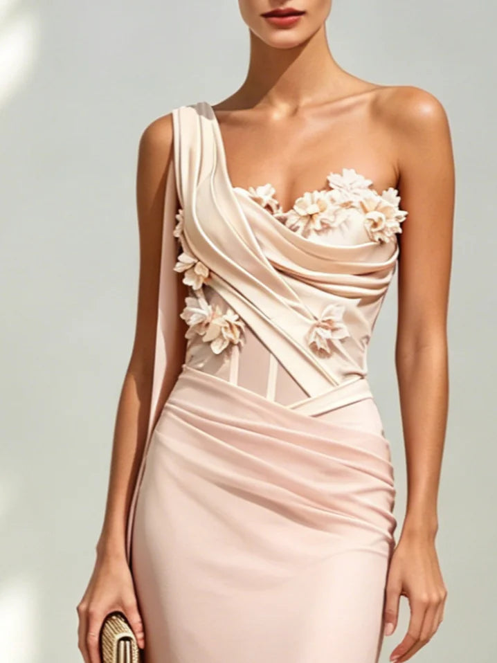 Pink 3D Floral Classic One Shoulder Sleeveless Sheath Floor-length Gown Dress
