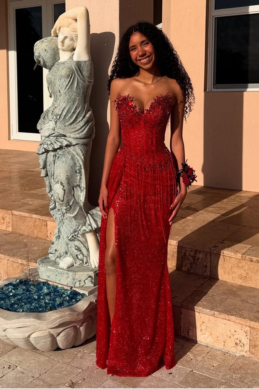 Red Strapless Sleeveless Long Mermaid Prom Dress With Sequins Split XJ0657