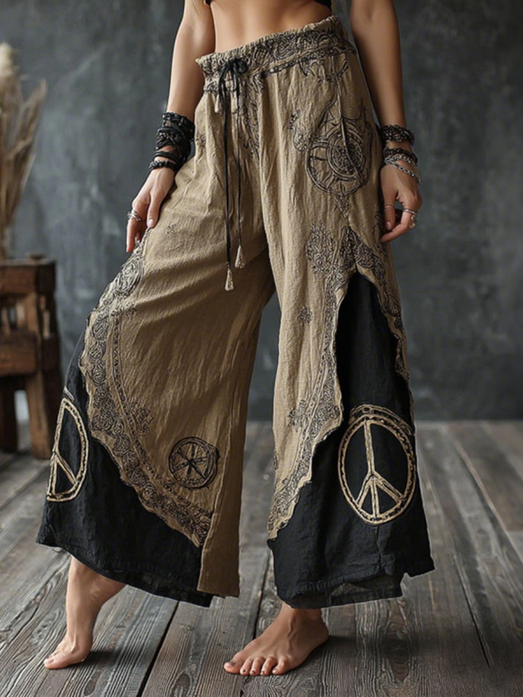 Women's Vintage Hippie Color Block Peace Print Casual Pants