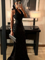 Cocoslly Halter Sleeveless High Waisted Long Mermaid Prom Dress With Sequins | Black Sequins CO0013