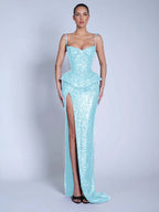 V-Neck Spaghetti Straps Sleeveless Long Mermaid Prom Dress With Split And Sequins YK0713