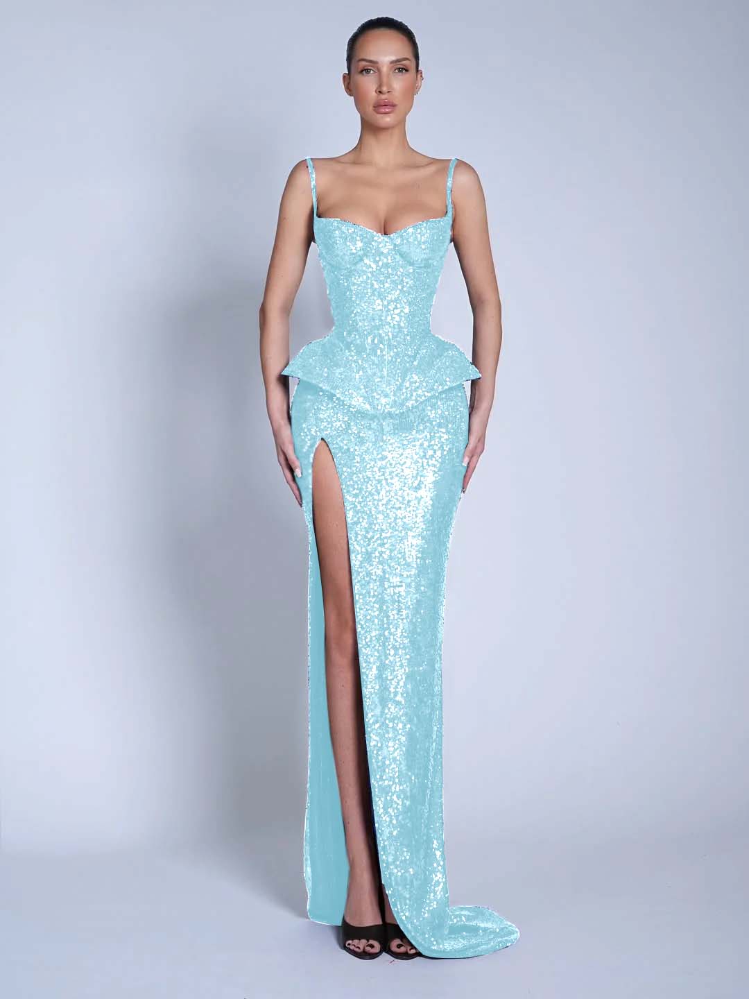 V-Neck Spaghetti Straps Sleeveless Long Mermaid Prom Dress With Split And Sequins YK0713