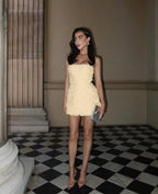 Cocoslly Strapless Sleeveless Short Pleated Prom Dress With Flowers | White Satin ZA0202