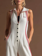 Sporty Retro Red Ribbon White Cotton Sleeveless Jumpsuit