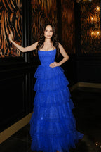Cocoslly Strapless Sleeveless High Waist Long Prom Dress With Ruffles And Sequins | Sky Blue Tulle YC0474