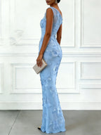 Light Blue Jacquard Classic Off The Shoulder Sleeveless Bodycon Floor-length Gown Dress