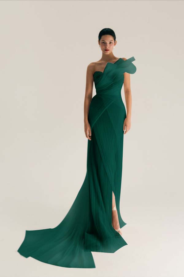Asymmetric One Shoulder Sleeveless Long Pleated Mermaid Prom Dress With Split WQ0533