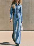 Casual Retro Color-blocked Denim Long-sleeved Zippered Flared Jumpsuit