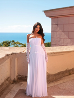 Chiffon Strapless Sleeveless Long Pleated A-Line Prom Dress With Bows And Gloves YK0680