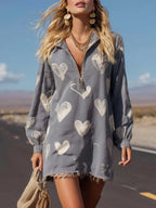 Retro Casual Heart Pattern Lapel Front Zipper Gray Denim Mini Dress