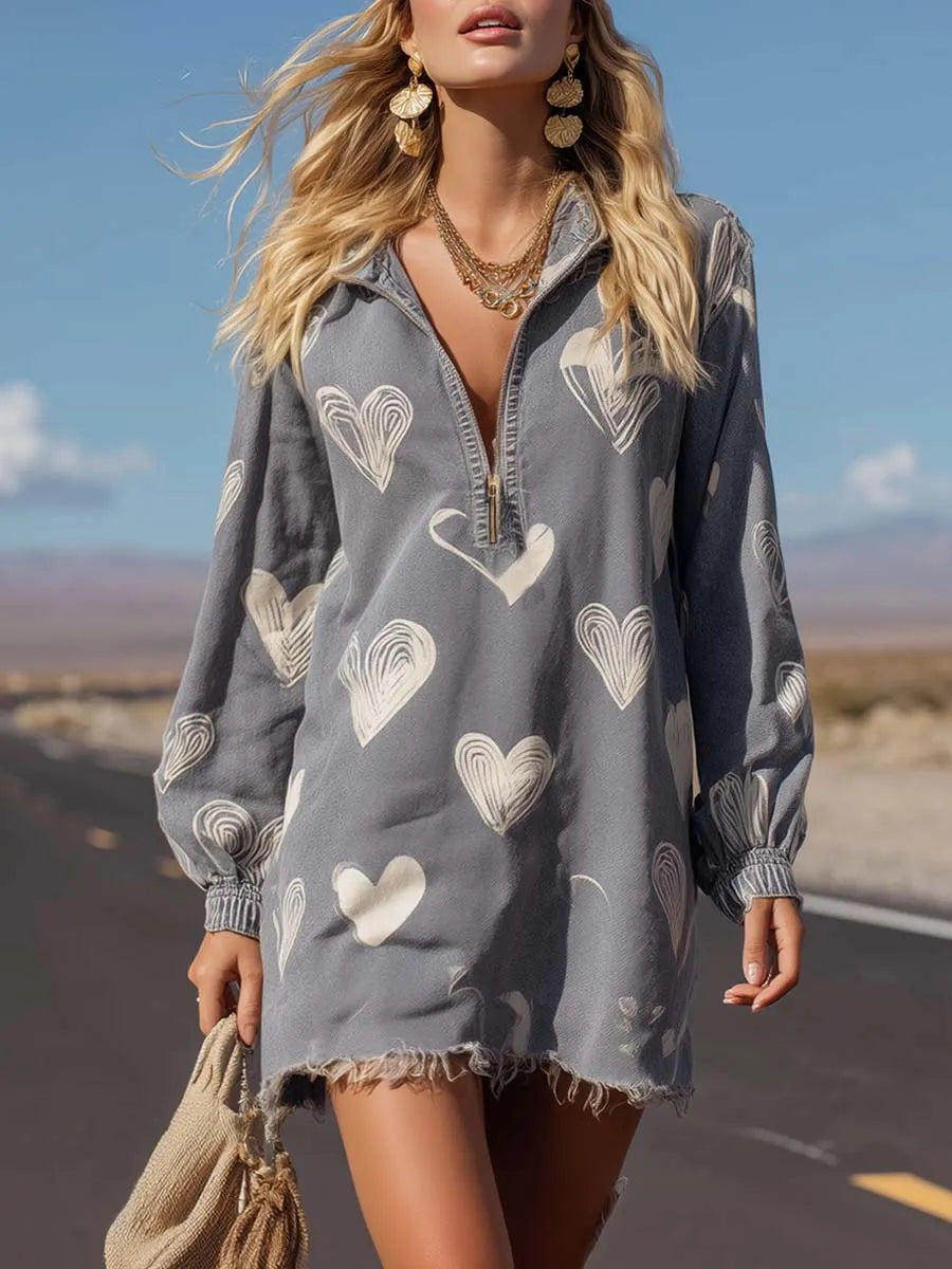 Retro Casual Heart Pattern Lapel Front Zipper Gray Denim Mini Dress