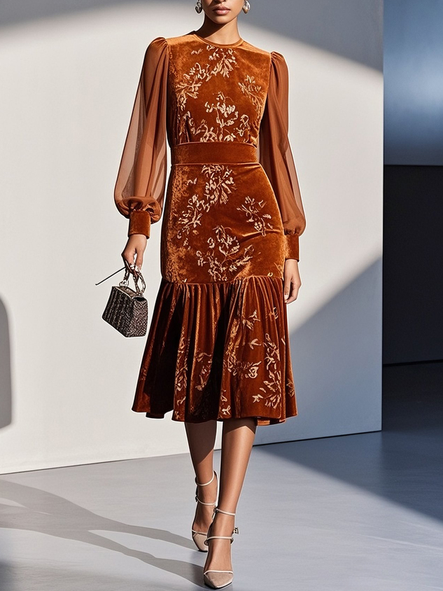 Caramel Brown Mesh Jacquard Velvet Crew Neck Long Sleeve Balloon Sleeve Mermaid Midi Dress