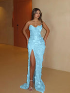 Cocoslly Strapless Sleeveless High Waist Long Mermaid Prom Dress With Split And Flowers | Silver Lace