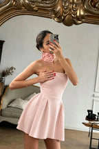 Cocoslly Strapless Sleeveless High Waist Short Prom Dress With Flower | Red Satin ZT0783