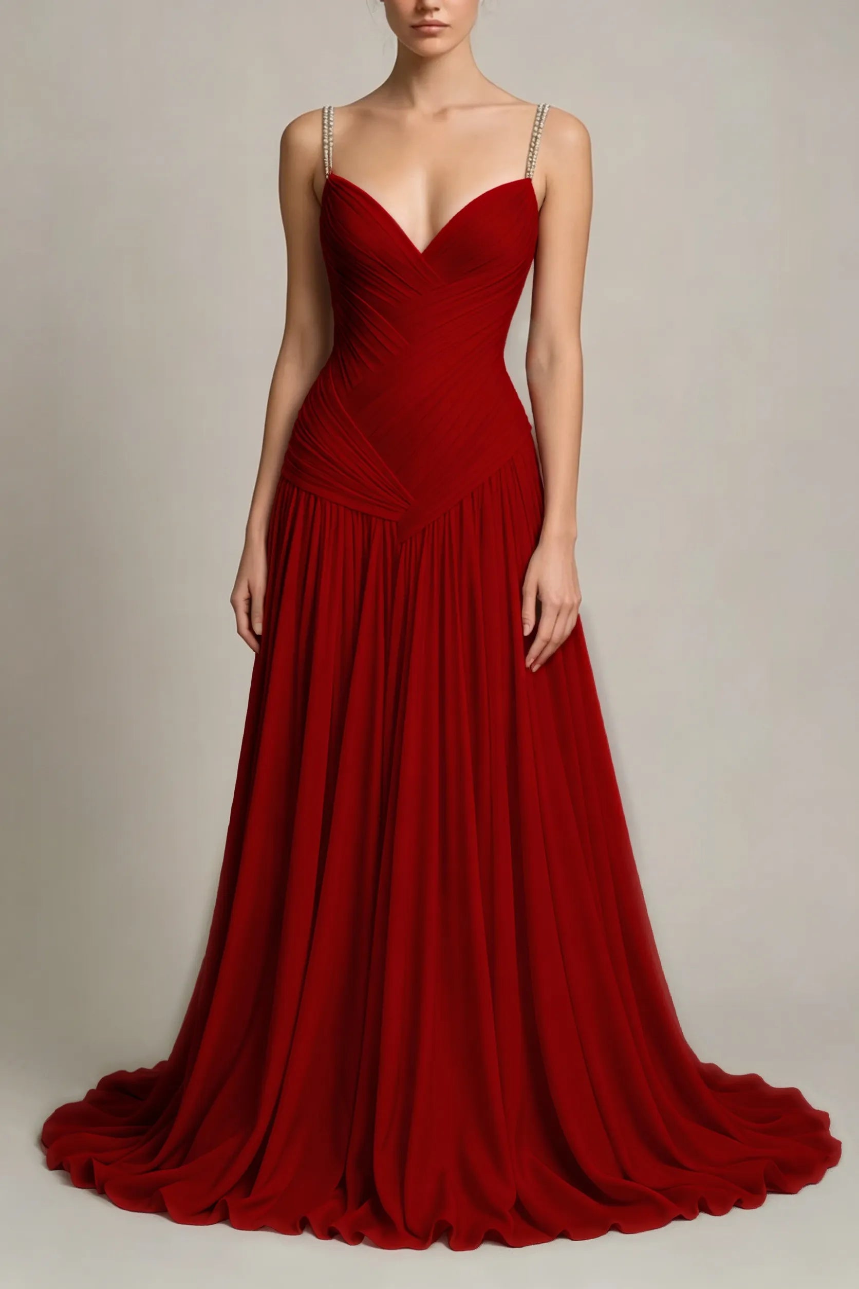 Cocoslly Spaghetti Straps Sleeveless High Waist Long Prom Dress With Pleated | Dusty Blue Chiffon LR0340