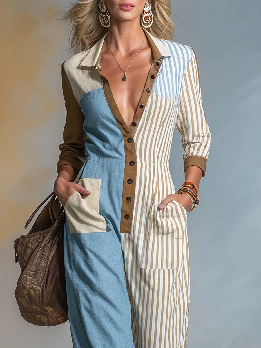 Retro Color-Block Blue Brown & Striped Button-Front Wide-Leg Cotton-Linen Jumpsuit