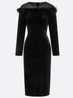 Black Feather-trimmed Mesh Velvet Crew Neck Long Sleeve Sheath Midi Dress